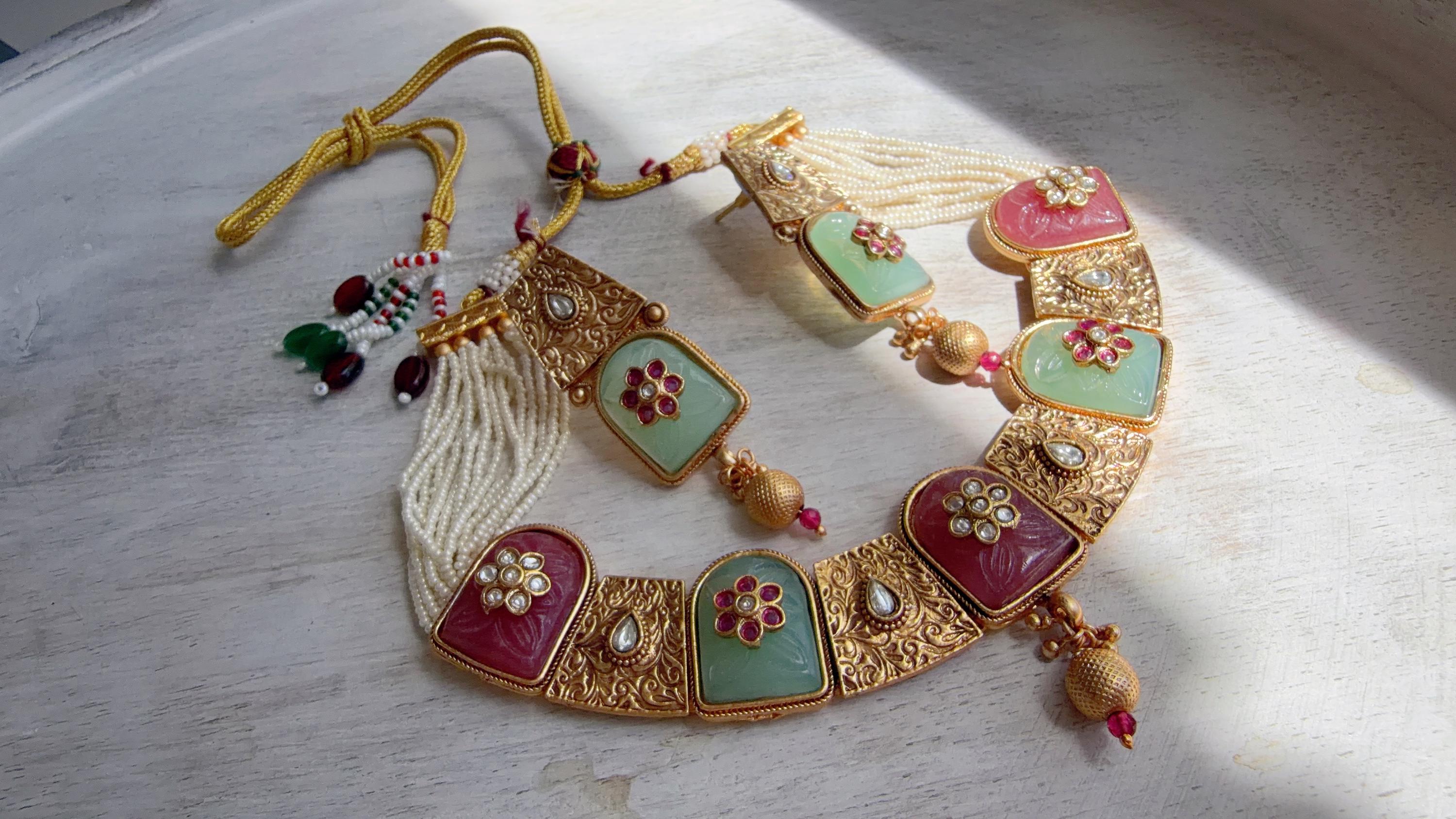 Traditional Kundan Statement Mint Pink Necklace Set/Indian Bridal Jewelry/Gold Finish Wedding Necklace - Heritage