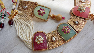 Traditional Kundan Statement Mint Pink Necklace Set/Indian Bridal Jewelry/Gold Finish Wedding Necklace - Heritage