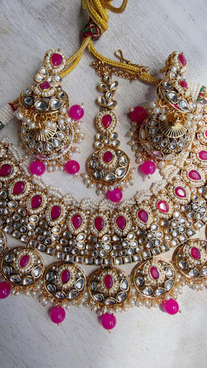 Semi Bridal Rani Pink Kundan Necklace Set with Long Chandbali Earrings and Maang Tikka | Indian Wedding Jewelry | Bridal Jewelry Manpreet