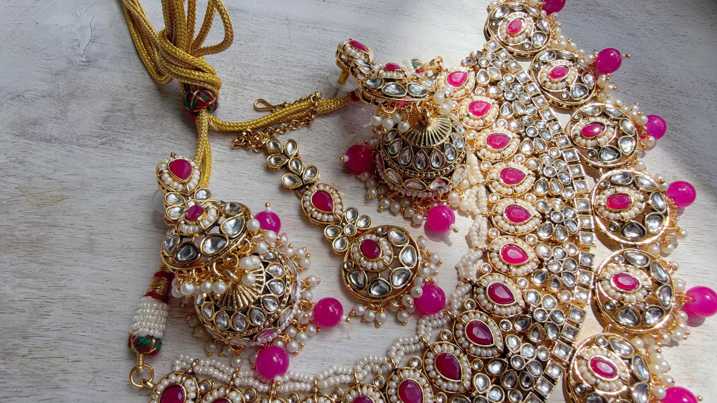 Semi Bridal Rani Pink Kundan Necklace Set with Long Chandbali Earrings and Maang Tikka | Indian Wedding Jewelry | Bridal Jewelry Manpreet