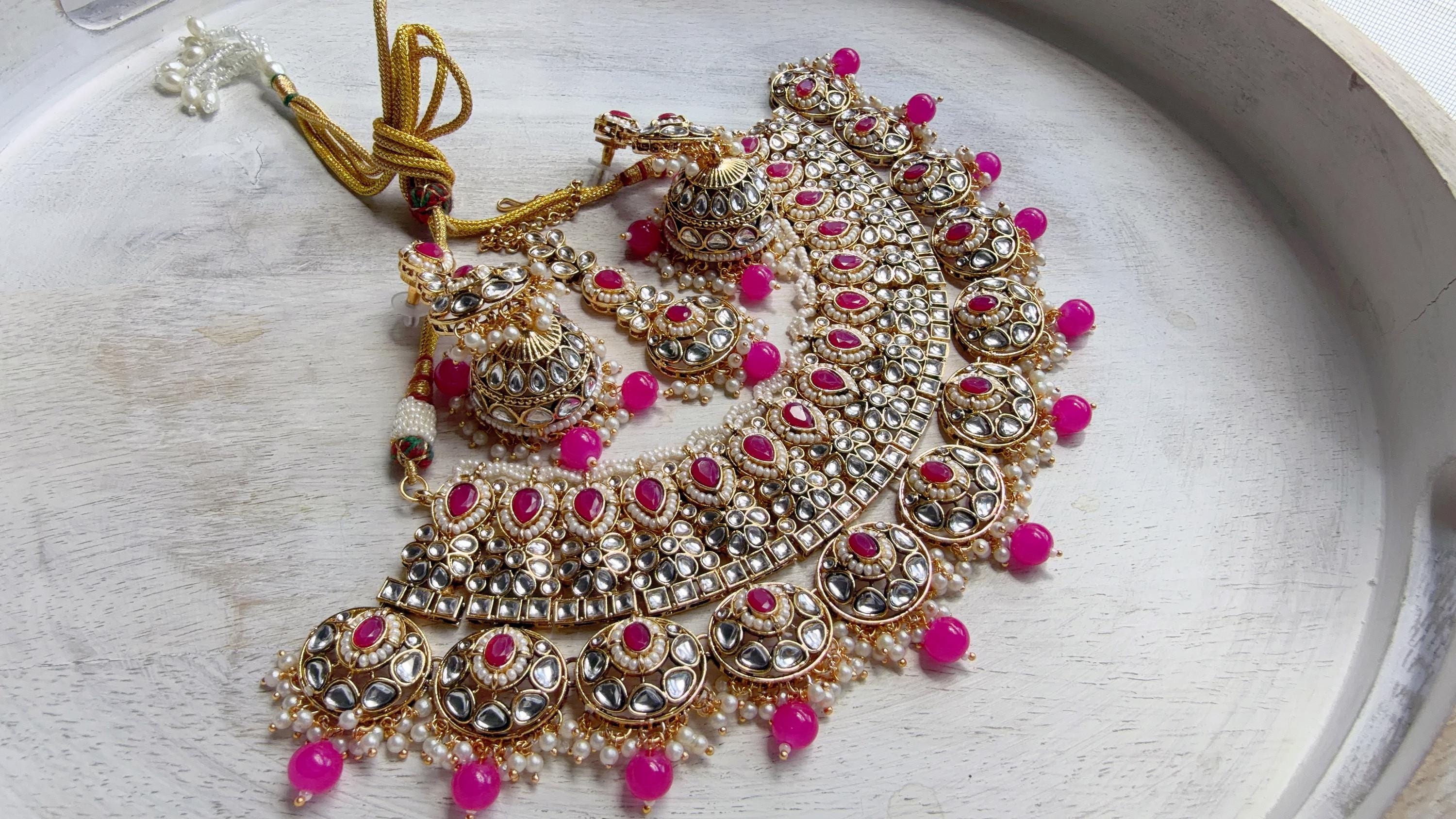 Semi Bridal Rani Pink Kundan Necklace Set with Long Chandbali Earrings and Maang Tikka | Indian Wedding Jewelry | Bridal Jewelry Manpreet