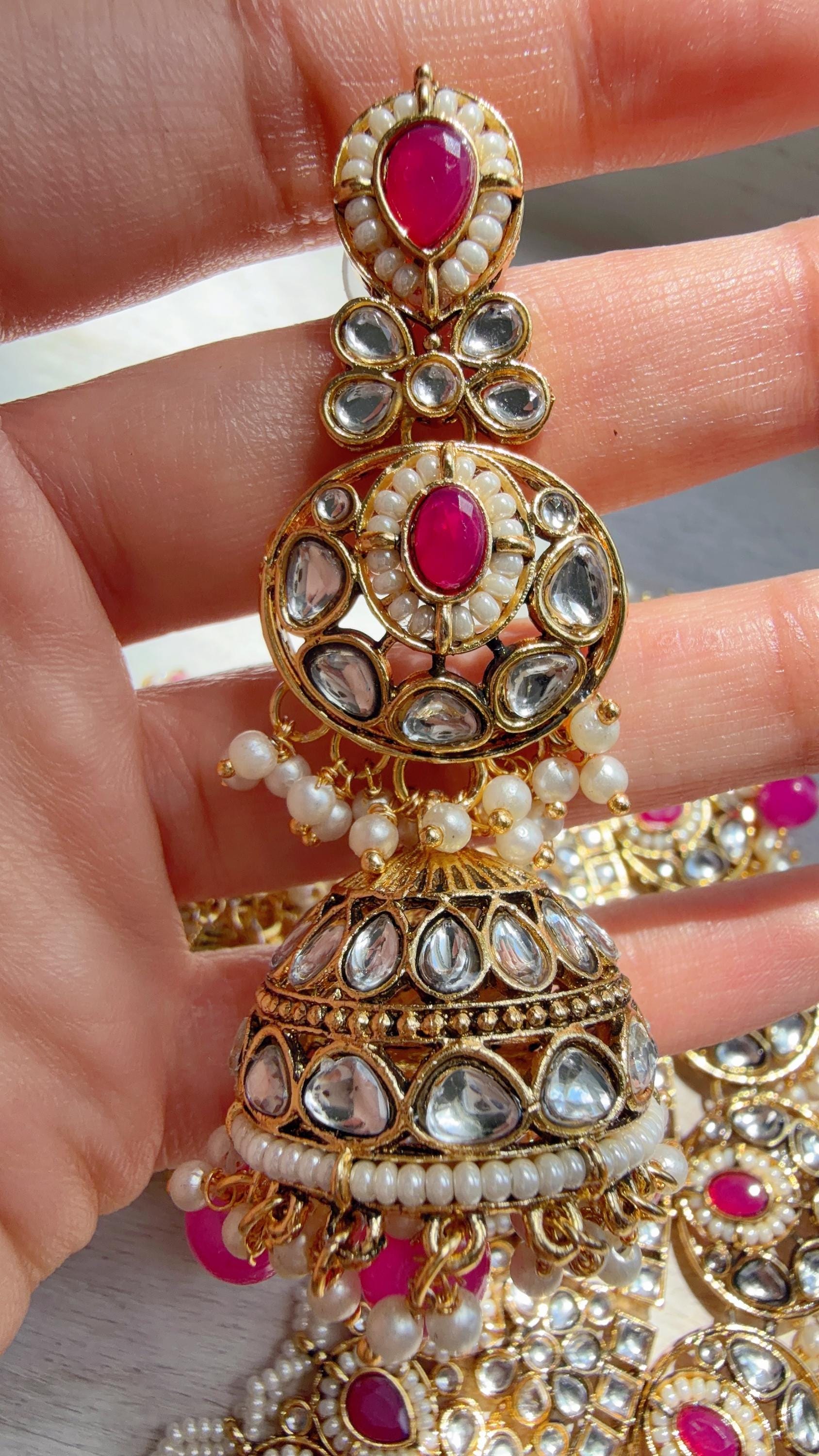 Semi Bridal Rani Pink Kundan Necklace Set with Long Chandbali Earrings and Maang Tikka | Indian Wedding Jewelry | Bridal Jewelry Manpreet