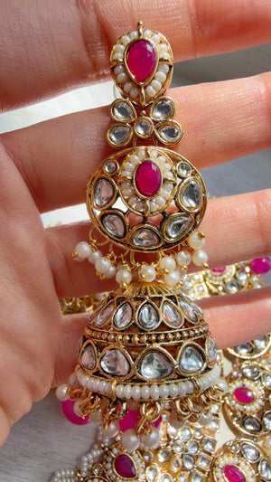 Semi Bridal Rani Pink Kundan Necklace Set with Long Chandbali Earrings and Maang Tikka | Indian Wedding Jewelry | Bridal Jewelry Manpreet