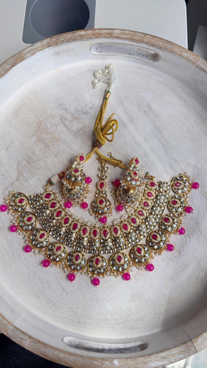 Semi Bridal Rani Pink Kundan Necklace Set with Long Chandbali Earrings and Maang Tikka | Indian Wedding Jewelry | Bridal Jewelry Manpreet
