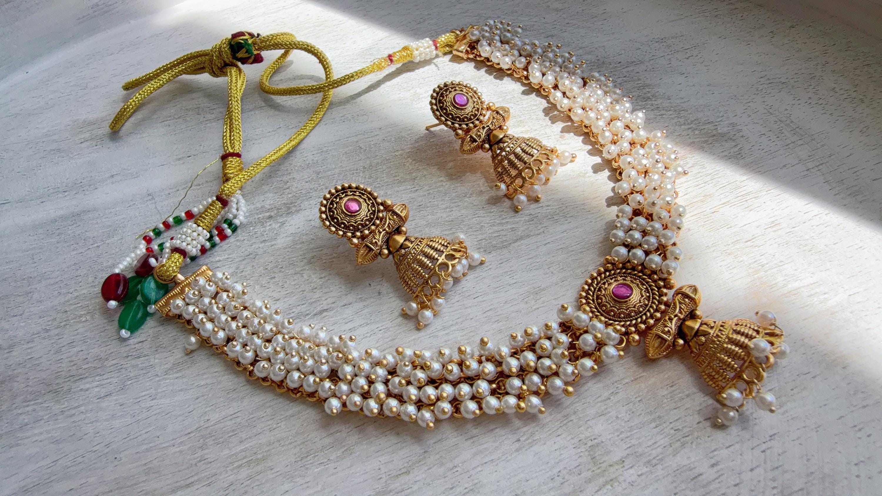 Peacock Pearl Choker Necklace Set | Guttapusalu Temple Jewelry | Rajwadi Antique Gold Indian Bridal Set