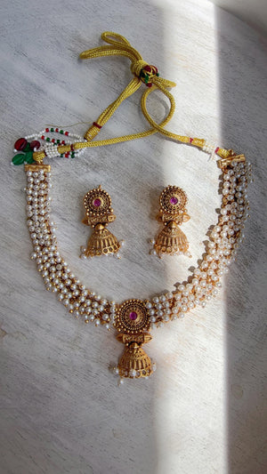 Peacock Pearl Choker Necklace Set | Guttapusalu Temple Jewelry | Rajwadi Antique Gold Indian Bridal Set
