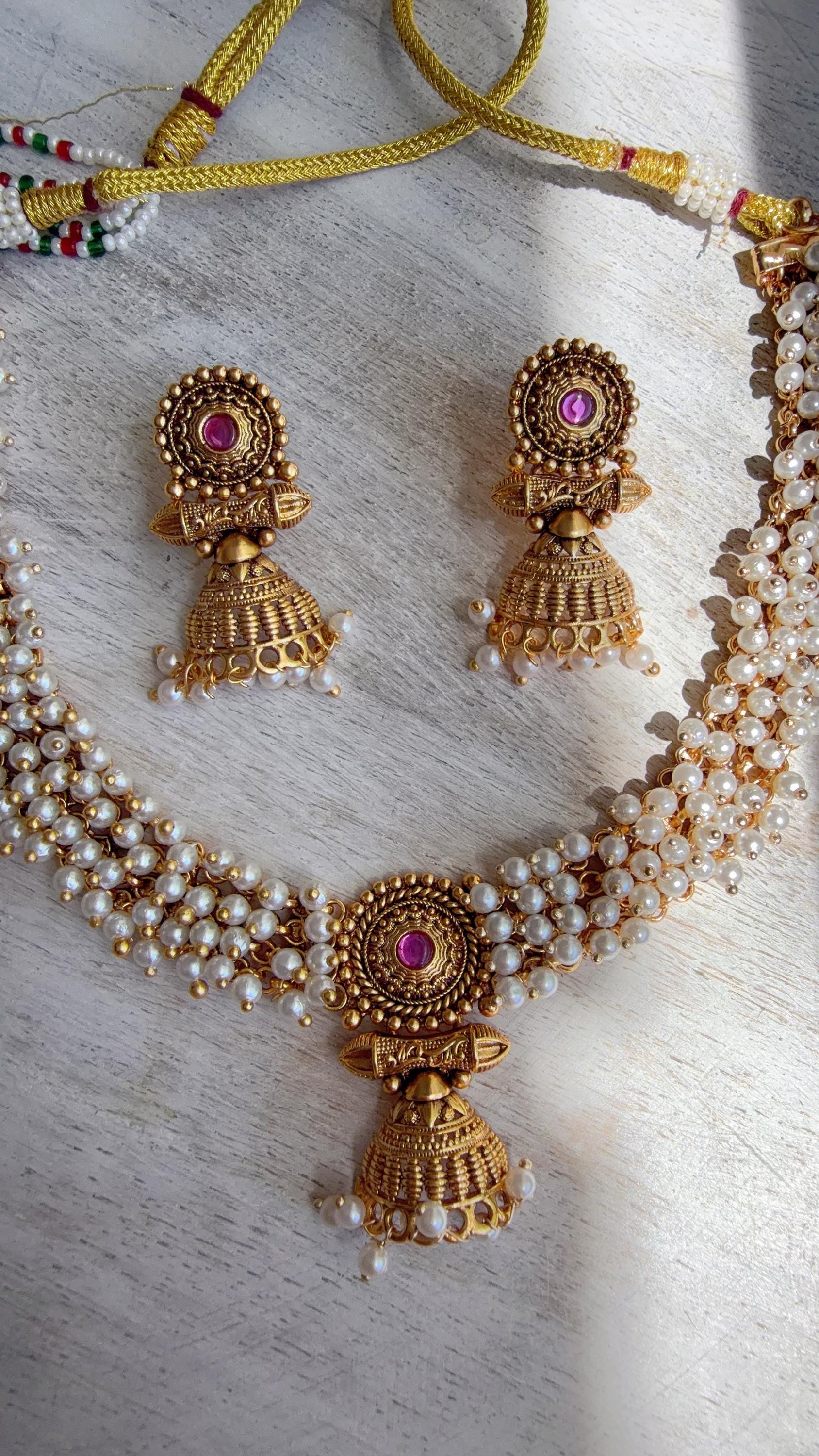 Peacock Pearl Choker Necklace Set | Guttapusalu Temple Jewelry | Rajwadi Antique Gold Indian Bridal Set