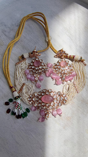 Moissanite Monalisa Turquoise Baby Pink Choker Necklace Set | Kundan Chandbali Bridal Jewelry | Gold Plated Set