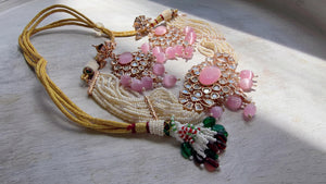 Moissanite Monalisa Turquoise Baby Pink Choker Necklace Set | Kundan Chandbali Bridal Jewelry | Gold Plated Set