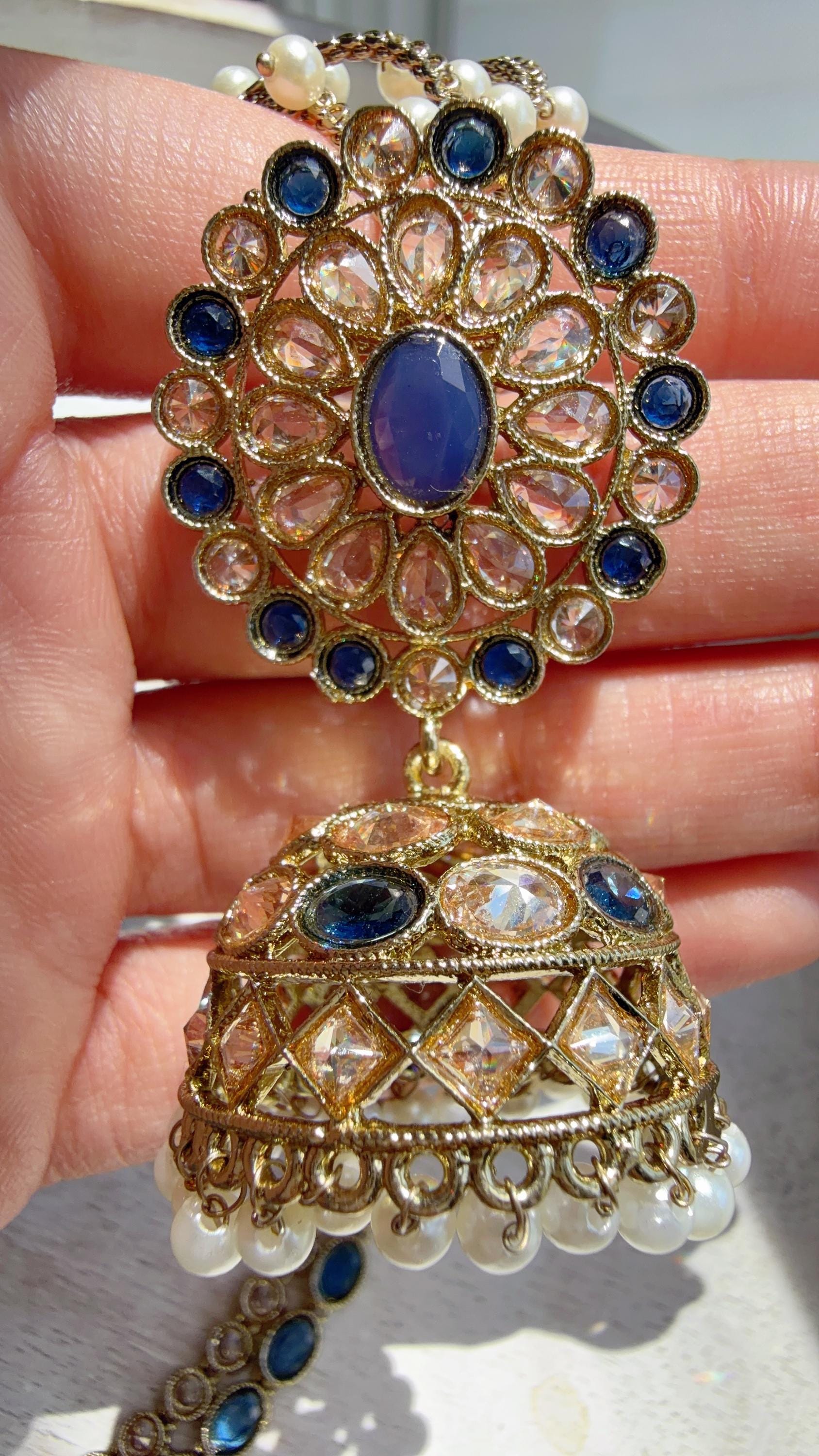 Antique Polki Kundan Blue Necklace Set with Bahubali Jhumka & Maang Tikka | Indian Bridal Jewelry