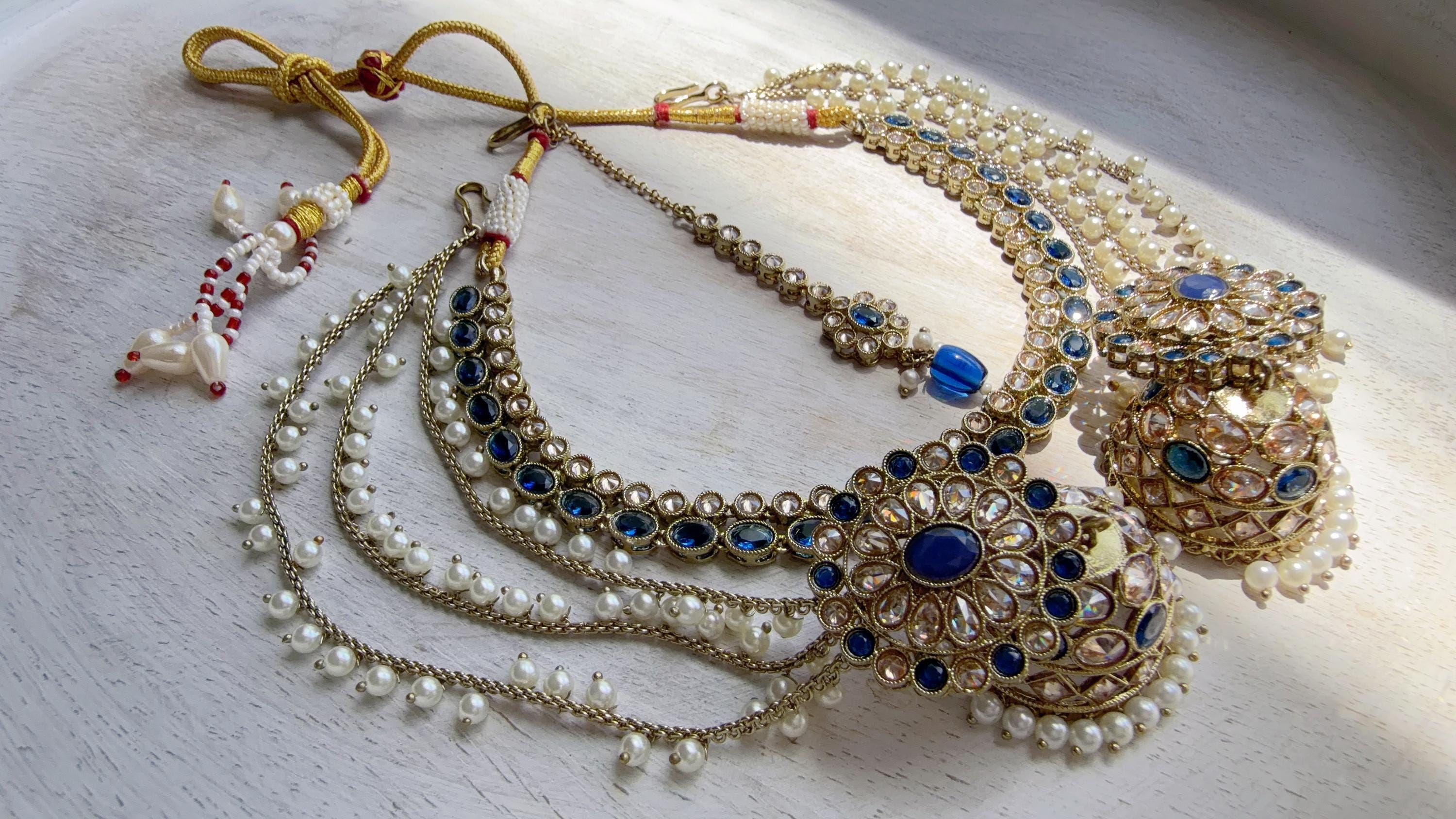 Antique Polki Kundan Blue Necklace Set with Bahubali Jhumka & Maang Tikka | Indian Bridal Jewelry