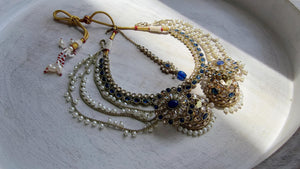 Antique Polki Kundan Blue Necklace Set with Bahubali Jhumka & Maang Tikka | Indian Bridal Jewelry