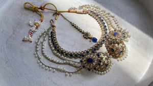 Antique Polki Kundan Blue Necklace Set with Bahubali Jhumka & Maang Tikka | Indian Bridal Jewelry