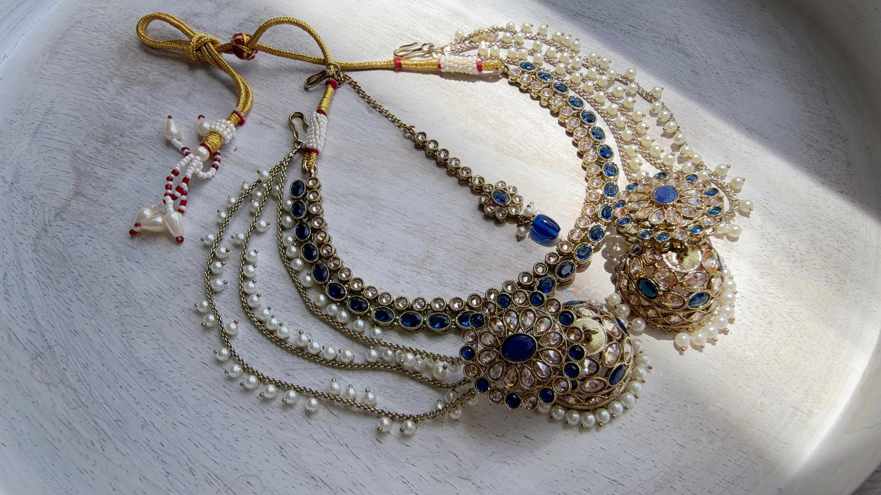Antique Polki Kundan Blue Necklace Set with Bahubali Jhumka & Maang Tikka | Indian Bridal Jewelry