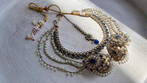 Antique Polki Kundan Blue Necklace Set with Bahubali Jhumka & Maang Tikka | Indian Bridal Jewelry