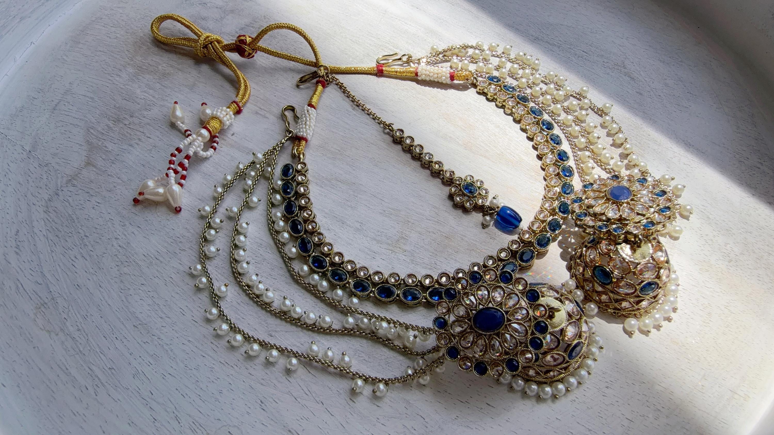 Antique Polki Kundan Blue Necklace Set with Bahubali Jhumka & Maang Tikka | Indian Bridal Jewelry