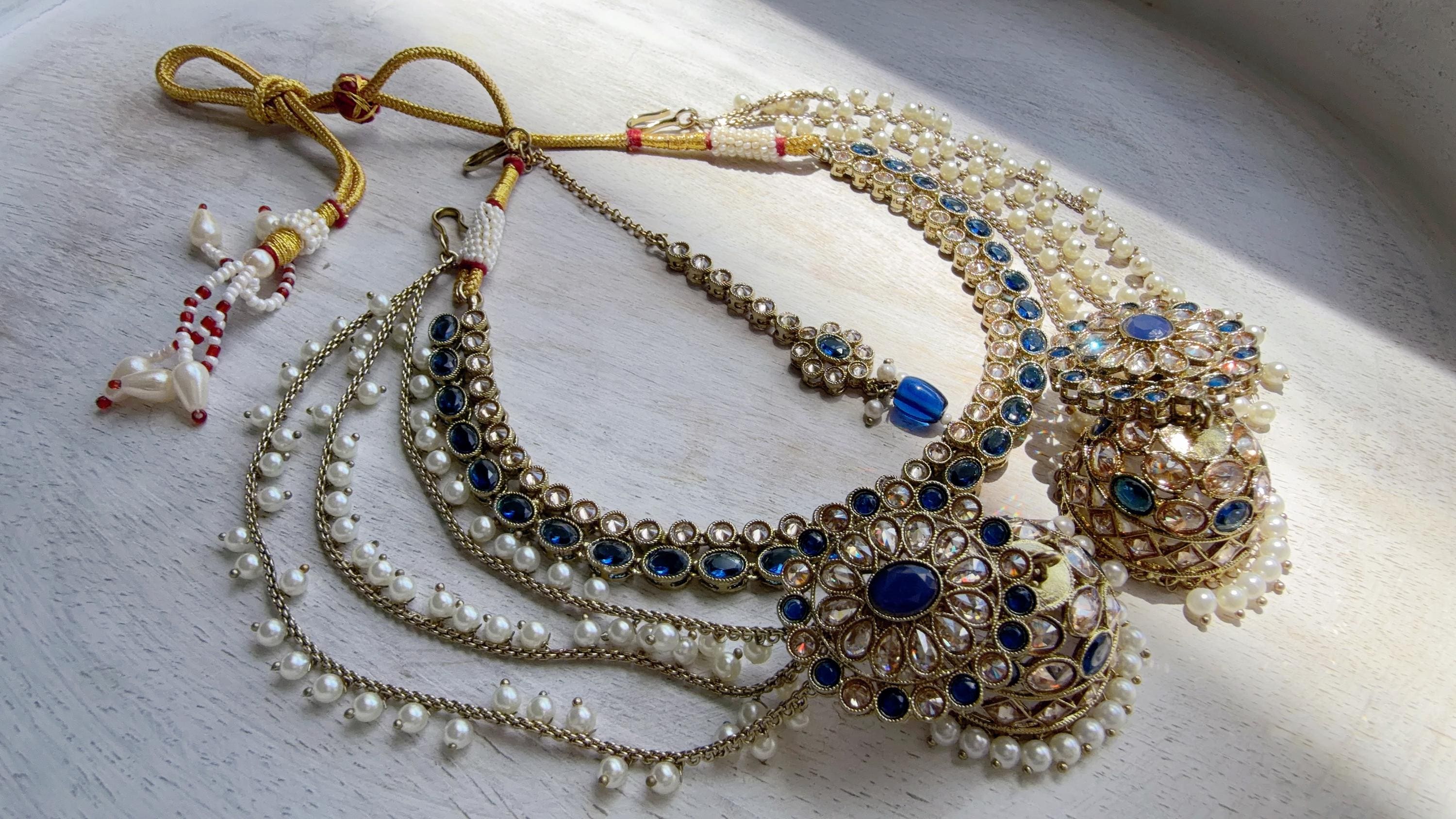 Antique Polki Kundan Blue Necklace Set with Bahubali Jhumka & Maang Tikka | Indian Bridal Jewelry