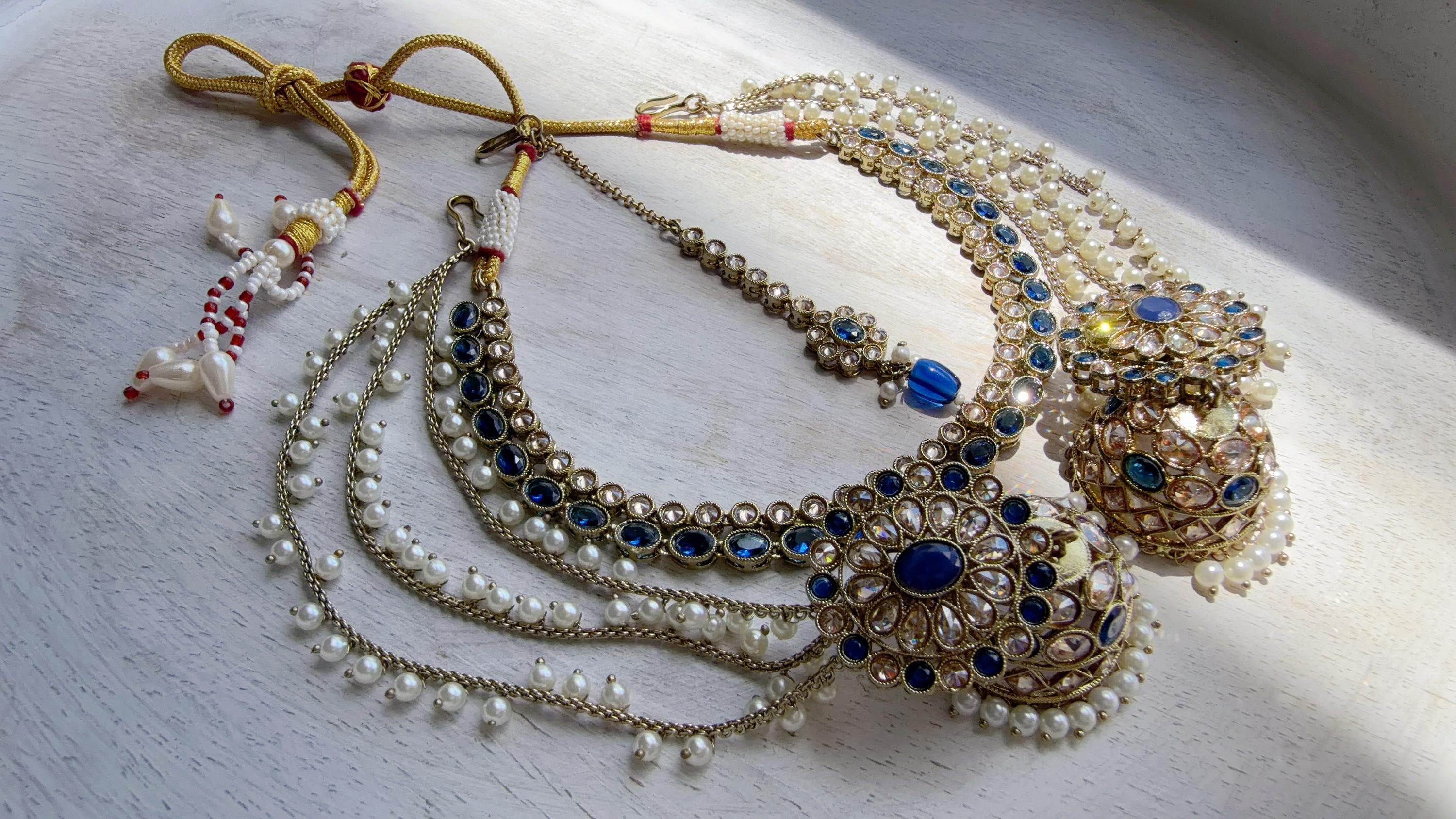 Antique Polki Kundan Blue Necklace Set with Bahubali Jhumka & Maang Tikka | Indian Bridal Jewelry