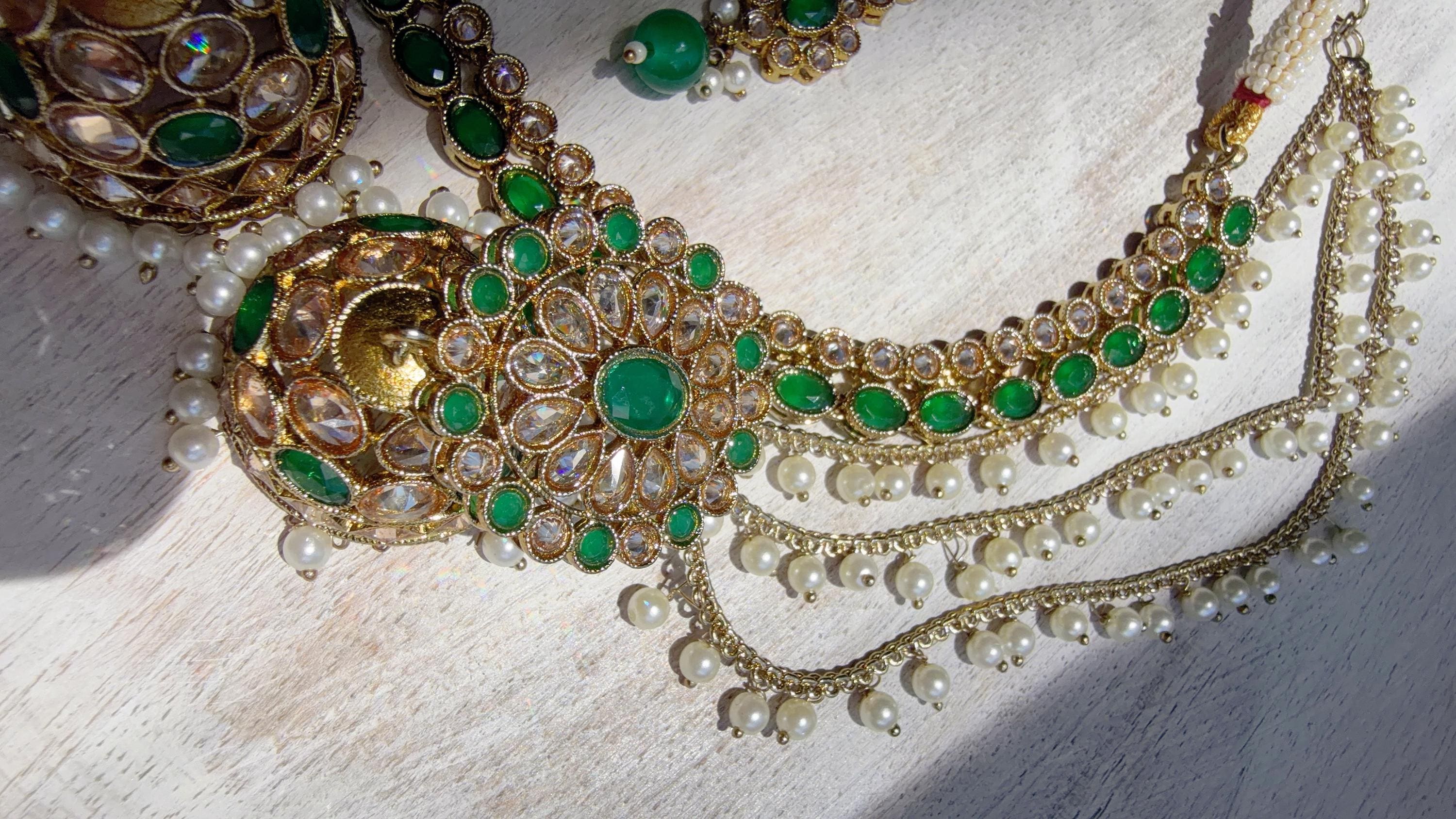Antique Polki Kundan Green Necklace Set with Bahubali Jhumka & Maang Tikka | Indian Bridal Jewelry