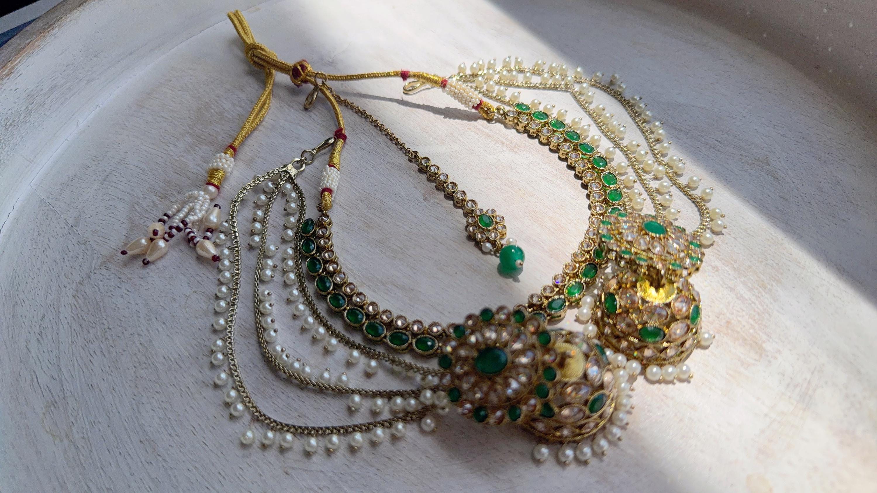 Antique Polki Kundan Green Necklace Set with Bahubali Jhumka & Maang Tikka | Indian Bridal Jewelry