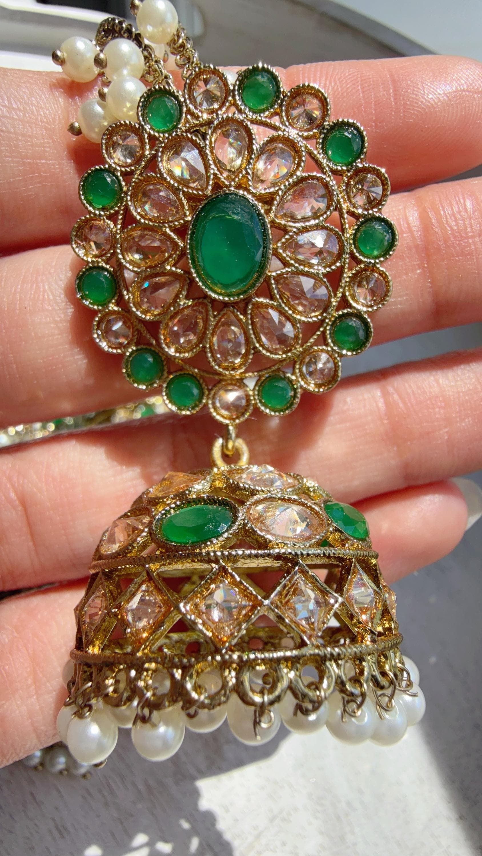 Antique Polki Kundan Green Necklace Set with Bahubali Jhumka & Maang Tikka | Indian Bridal Jewelry