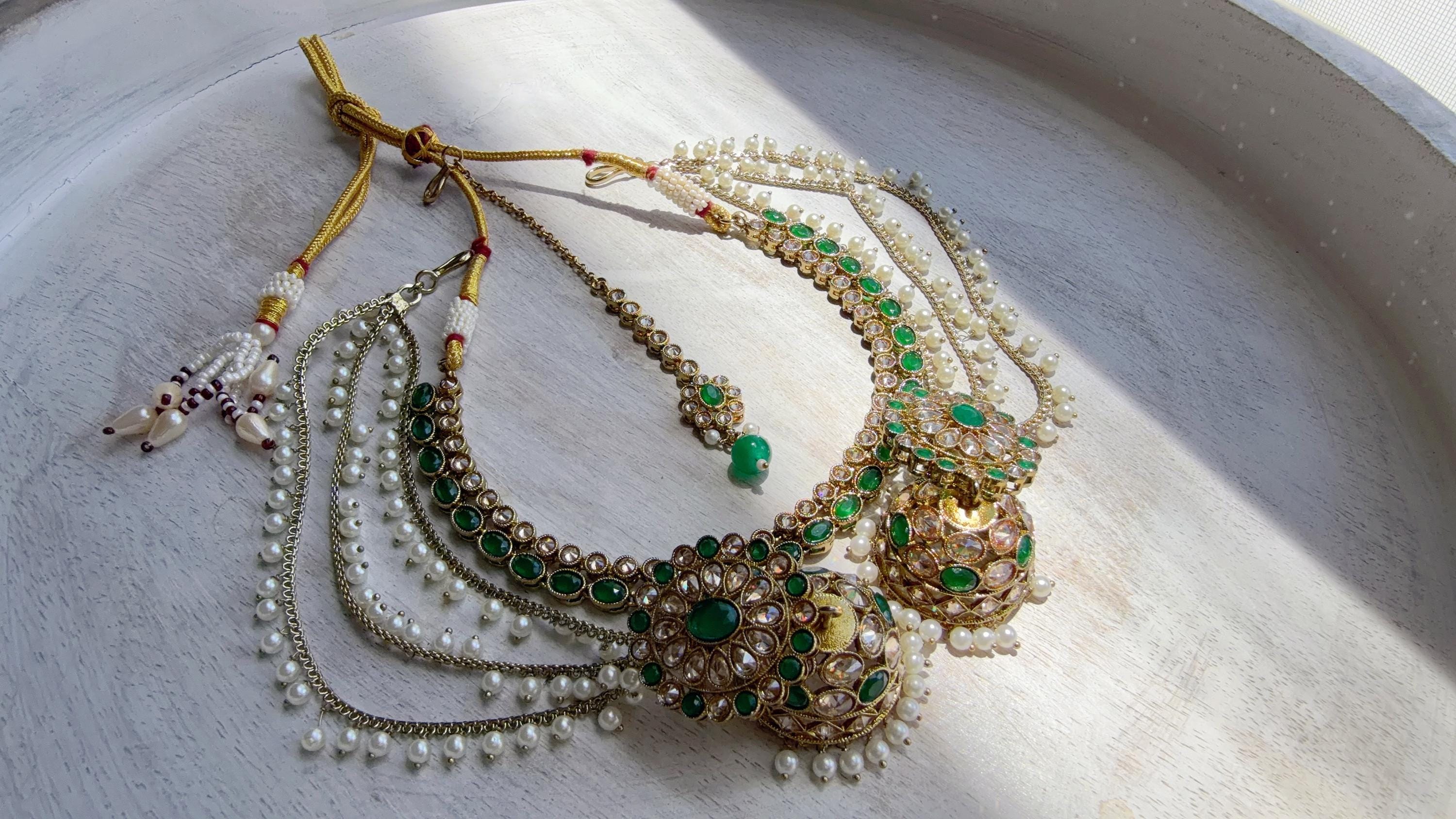 Antique Polki Kundan Green Necklace Set with Bahubali Jhumka & Maang Tikka | Indian Bridal Jewelry