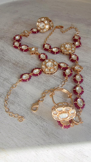 Moissanite Kundan Haath Phool Hath Panja Bracelet Ring Set | Polki Hand Harness | Indian Bridal Jewelry | Ruby Hand Jewelry - Bella