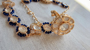 Moissanite Kundan Haath Phool Hath Panja Bracelet Ring Set | Polki Hand Harness | Indian Bridal Jewelry | Blue Hand Jewelry - Bella