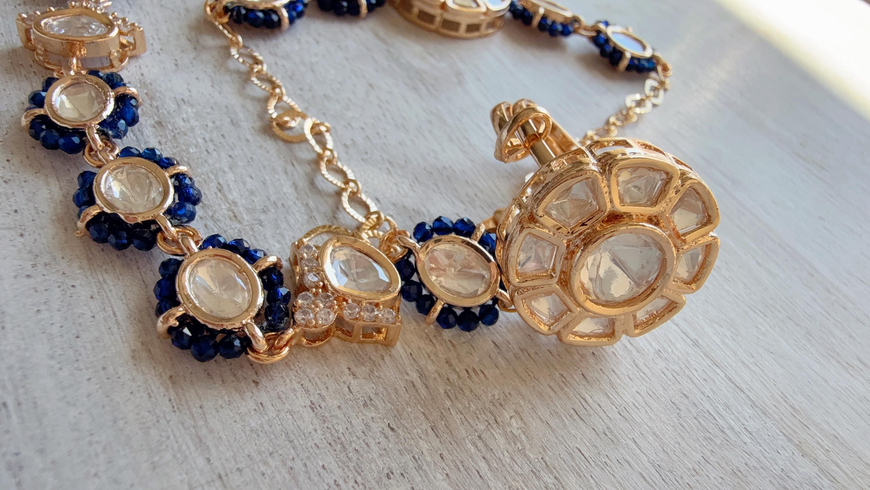 Moissanite Kundan Haath Phool Hath Panja Bracelet Ring Set | Polki Hand Harness | Indian Bridal Jewelry | Blue Hand Jewelry - Bella