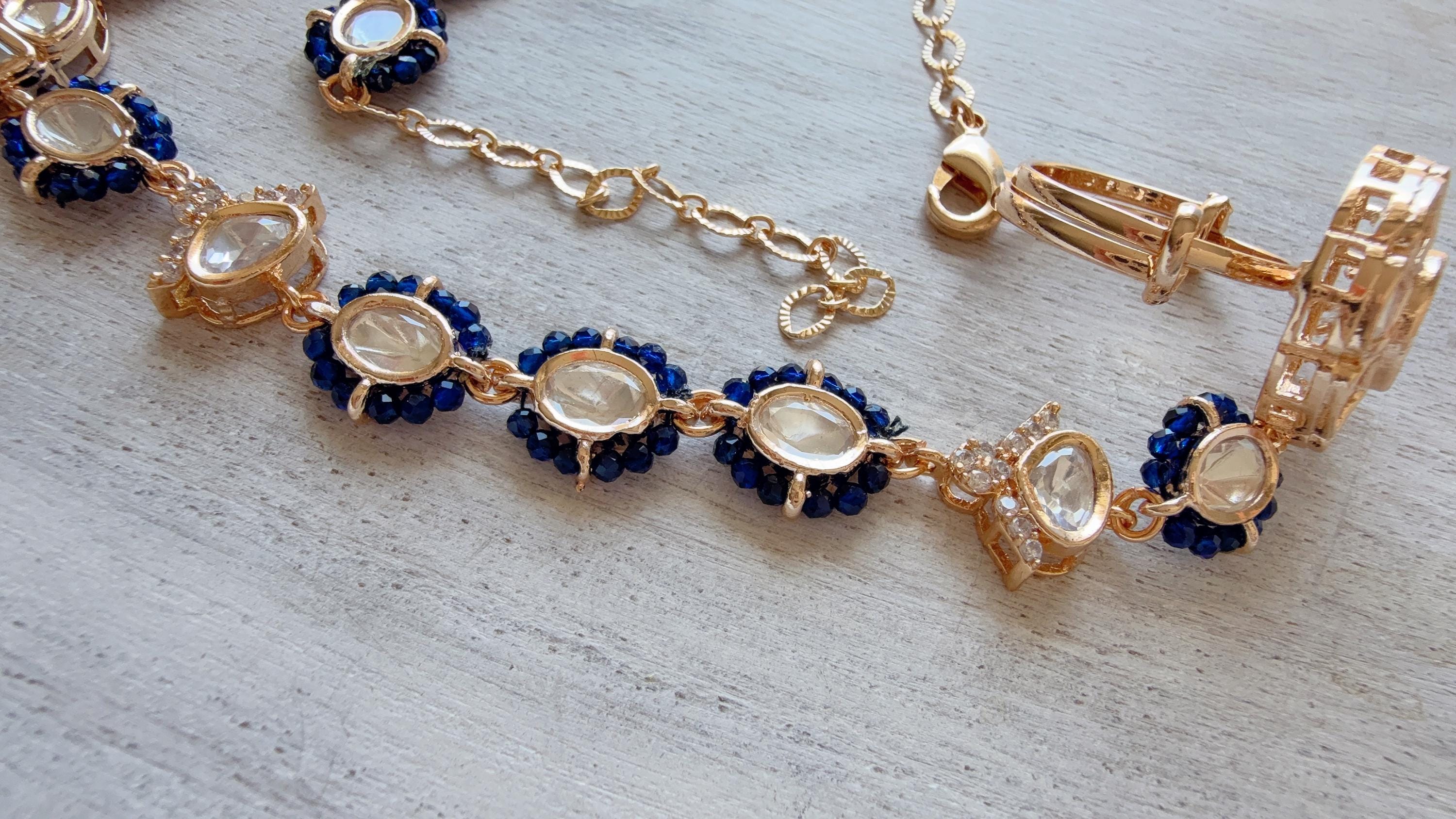Moissanite Kundan Haath Phool Hath Panja Bracelet Ring Set | Polki Hand Harness | Indian Bridal Jewelry | Blue Hand Jewelry - Bella
