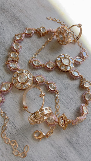 Moissanite Kundan Haath Phool Hath Panja Bracelet Ring Set | Polki Hand Harness | Indian Bridal Jewelry | Baby Pink Hand Jewelry - Bella