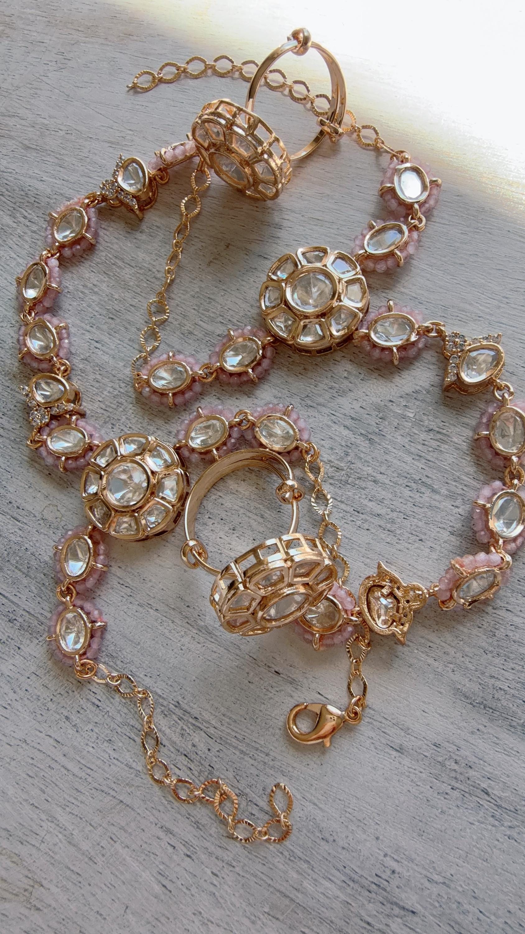 Moissanite Kundan Haath Phool Hath Panja Bracelet Ring Set | Polki Hand Harness | Indian Bridal Jewelry | Baby Pink Hand Jewelry - Bella
