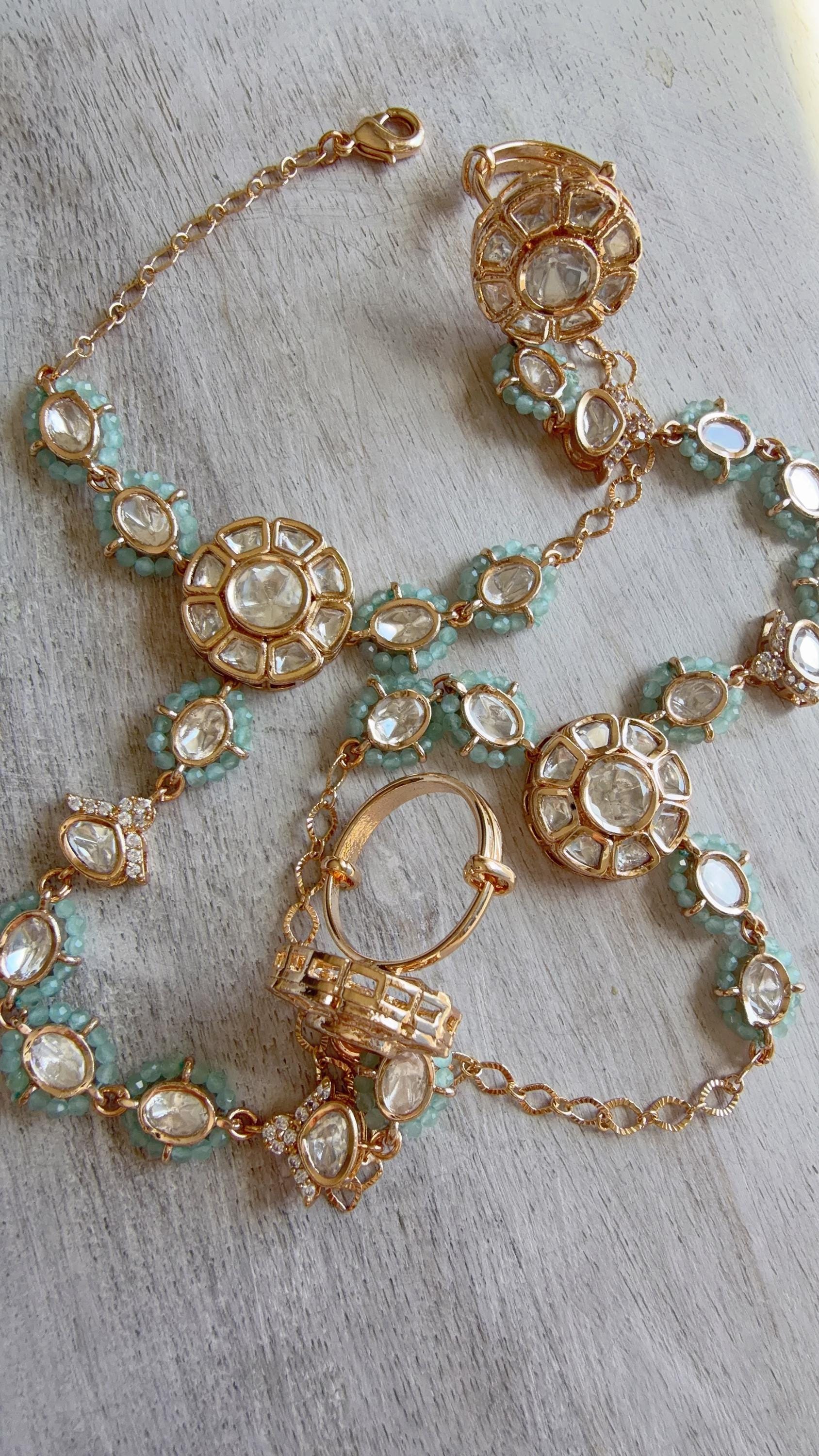 Moissanite Kundan Haath Phool Hath Panja Bracelet Ring Set | Polki Hand Harness | Indian Bridal Jewelry | Mint Green Hand Jewelry - Bella