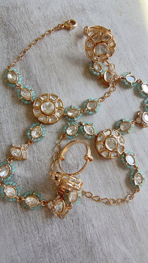 Moissanite Kundan Haath Phool Hath Panja Bracelet Ring Set | Polki Hand Harness | Indian Bridal Jewelry | Mint Green Hand Jewelry - Bella