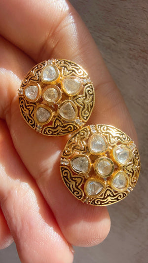 Meenakari Moissanite Polki Kundan Stud Earrings | Indian Jewelry | Statement Flower CZ Diamond Studs