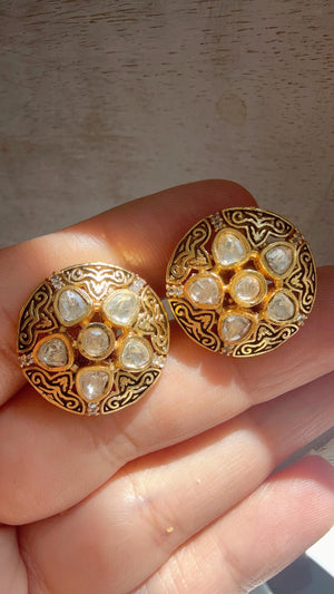 Meenakari Moissanite Polki Kundan Stud Earrings | Indian Jewelry | Statement Flower CZ Diamond Studs