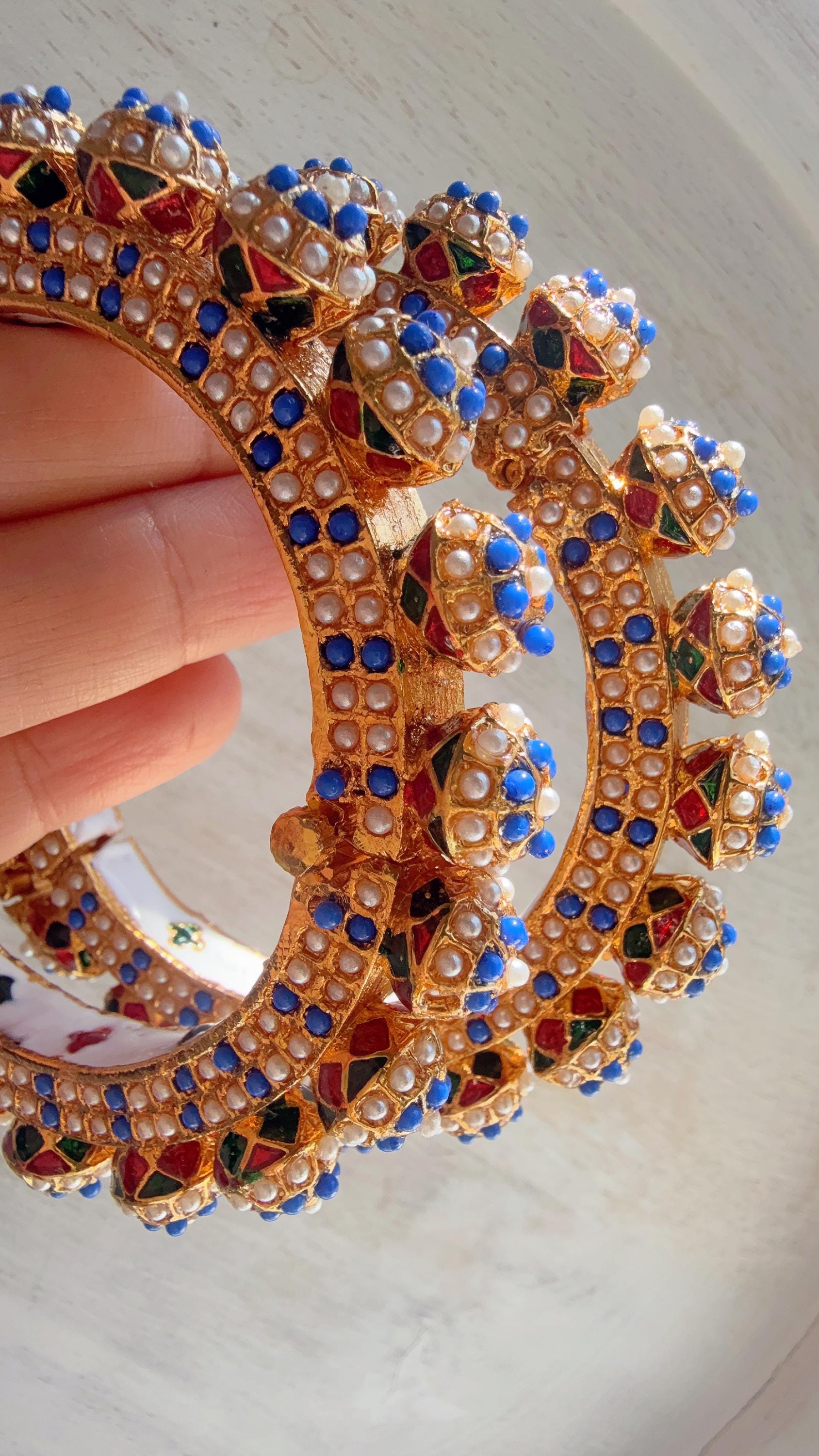 Blue Pearl Rajwadi Pachali Kada Pair | Gold Kundan Bridal Bangles | Emerald Jadau Rajwadi Kada | Indian Wedding Jewelry | Sold as Pair