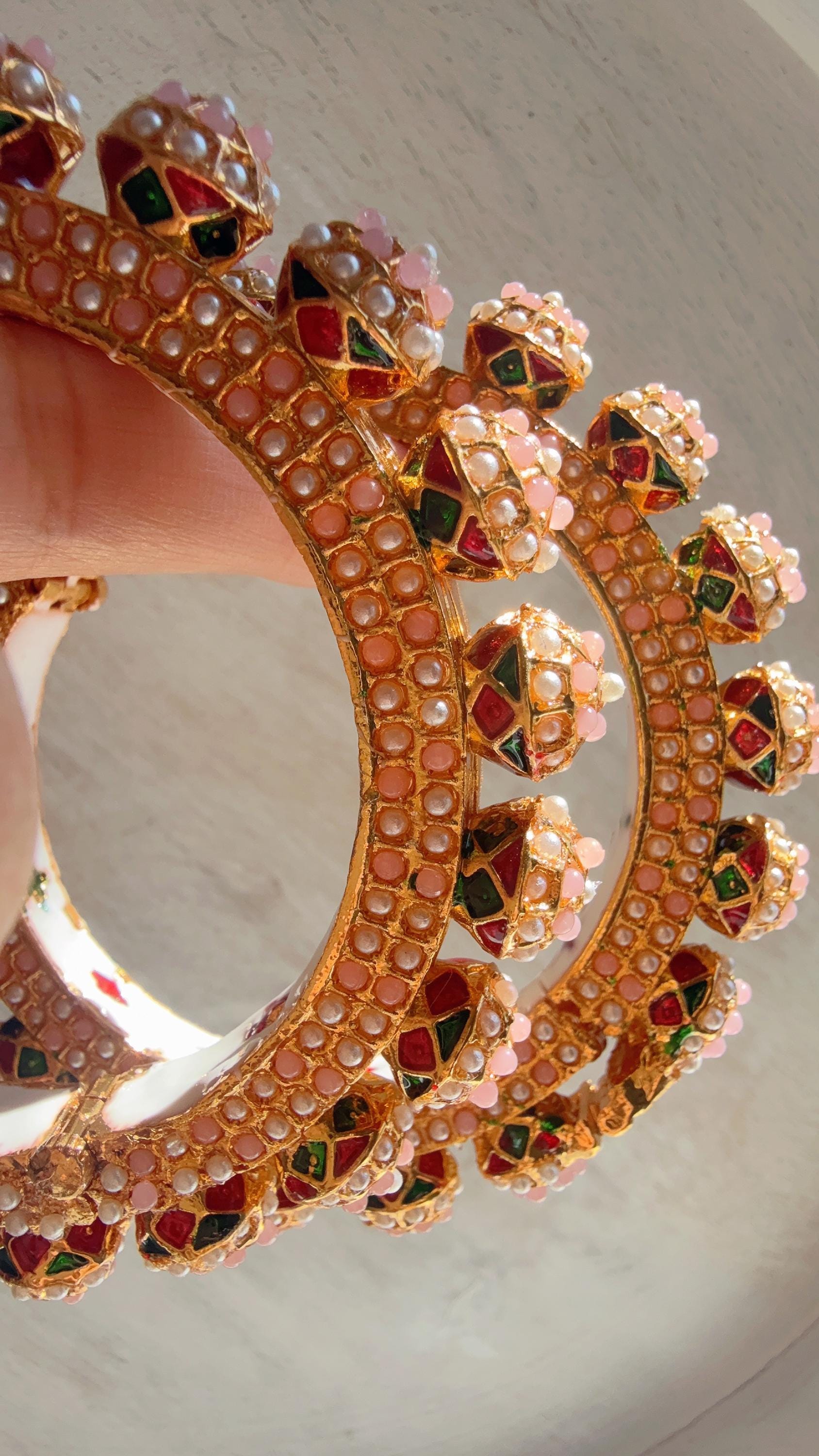 Baby Pink Pearl Rajwadi Pachali Kada Pair | Gold Kundan Bridal Bangles | Emerald Jadau Rajwadi Kada | Indian Wedding Jewelry | Sold As Pair