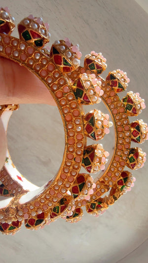 Baby Pink Pearl Rajwadi Pachali Kada Pair | Gold Kundan Bridal Bangles | Emerald Jadau Rajwadi Kada | Indian Wedding Jewelry | Sold As Pair