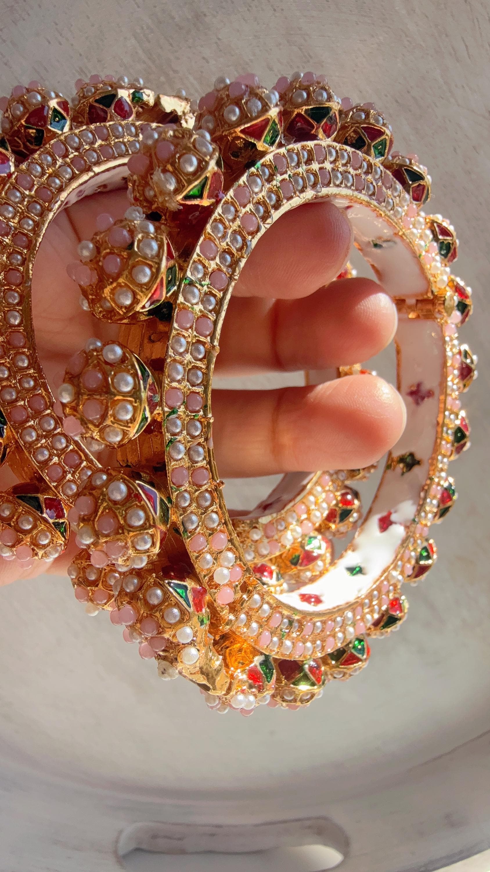 Baby Pink Pearl Rajwadi Pachali Kada Pair | Gold Kundan Bridal Bangles | Emerald Jadau Rajwadi Kada | Indian Wedding Jewelry | Sold As Pair