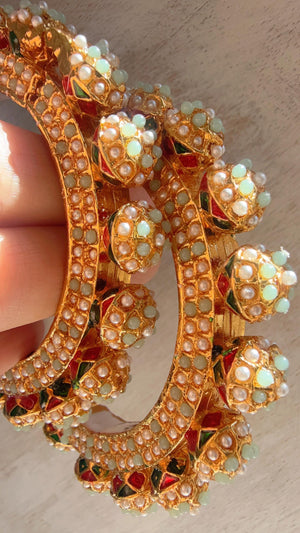 Mint Pearl Rajwadi Pachali Kada Pair | Gold Kundan Bridal Bangles | Emerald Jadau Rajwadi Kada | Indian Wedding Jewelry | Sold as Pair