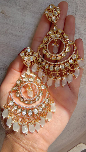 White Kundan Chandbali Earrings | Gold Plated Polki Earrings | Indian Bridal Jewelry | Wedding Statement Earrings