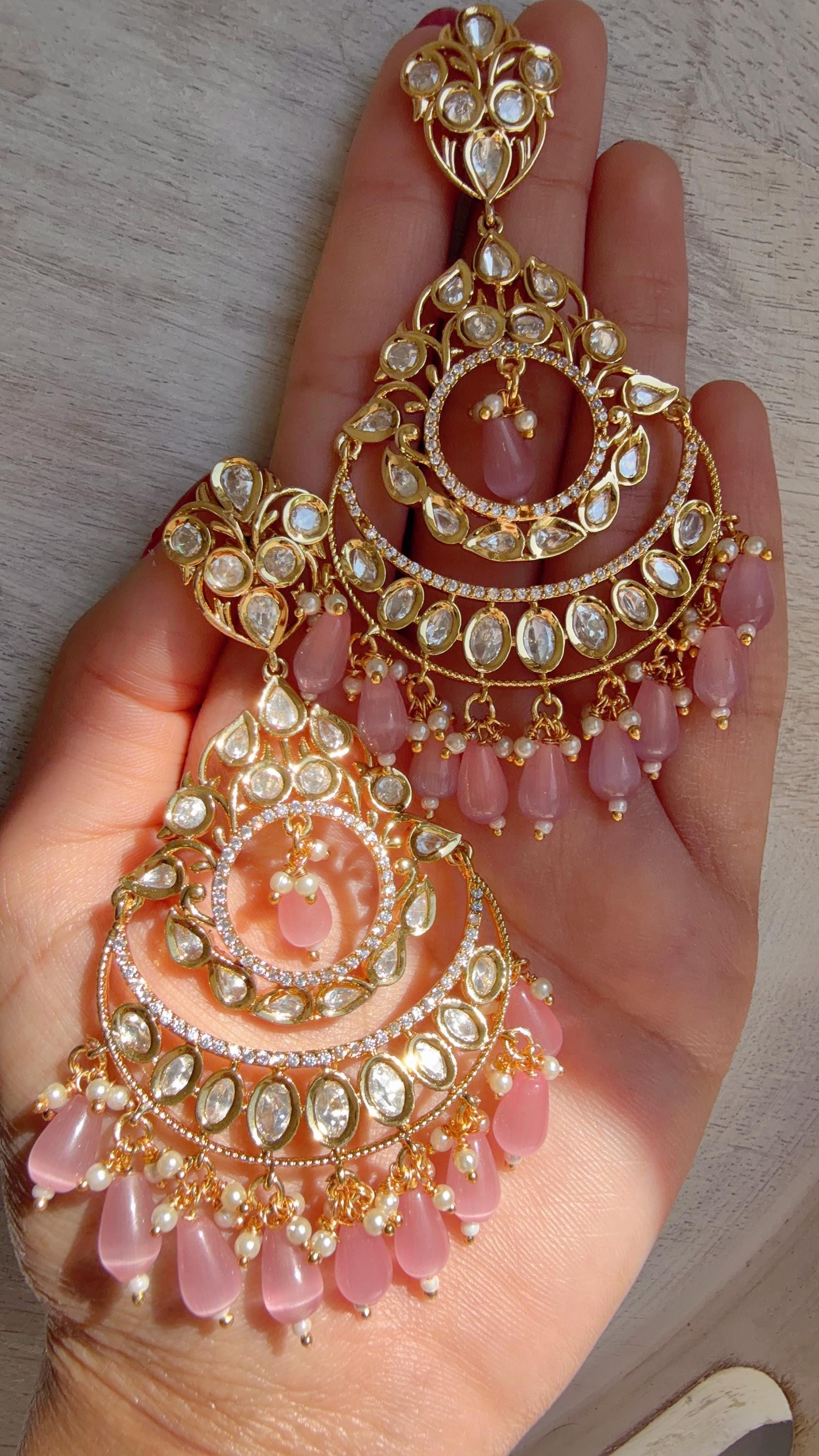 Pink Kundan Chandbali Earrings | Gold Plated Polki Earrings | Indian Bridal Jewelry | Wedding Statement Earrings