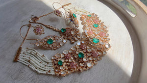 Nupur Sanon Inspired Mint Pink Kundan Choker Necklace Set | Polki Kundan Jewelry with Ear Cuff Earrings & Maang Tikka