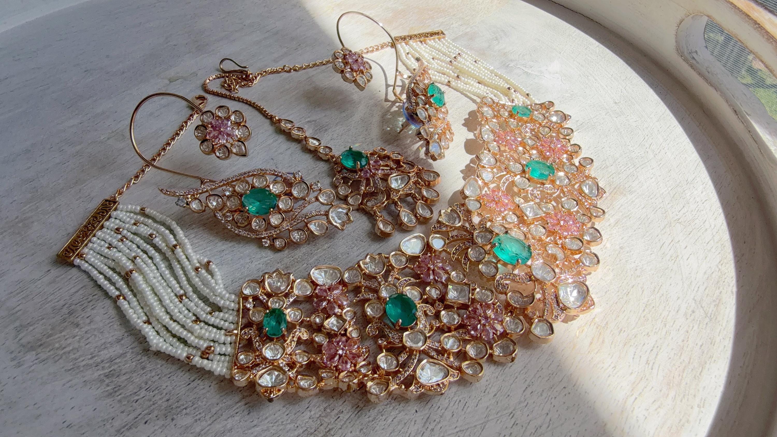 Nupur Sanon Inspired Mint Pink Kundan Choker Necklace Set | Polki Kundan Jewelry with Ear Cuff Earrings & Maang Tikka