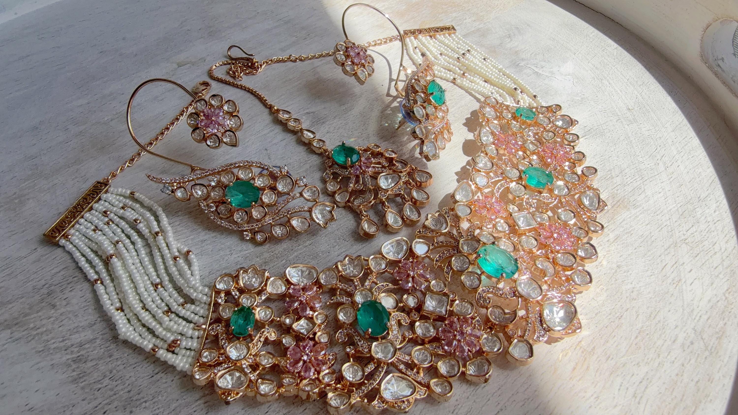 Nupur Sanon Inspired Mint Pink Kundan Choker Necklace Set | Polki Kundan Jewelry with Ear Cuff Earrings & Maang Tikka