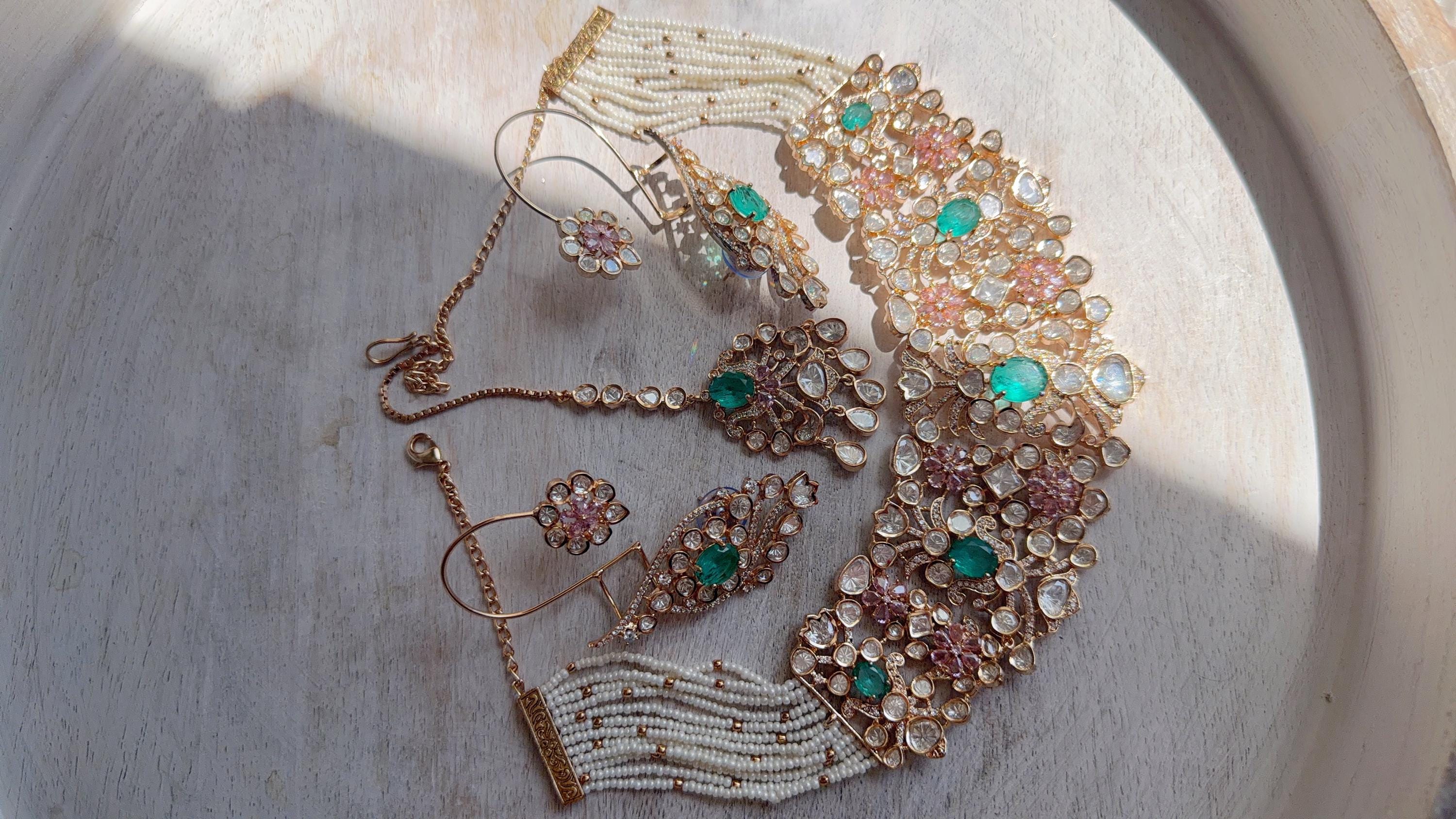 Nupur Sanon Inspired Mint Pink Kundan Choker Necklace Set | Polki Kundan Jewelry with Ear Cuff Earrings & Maang Tikka