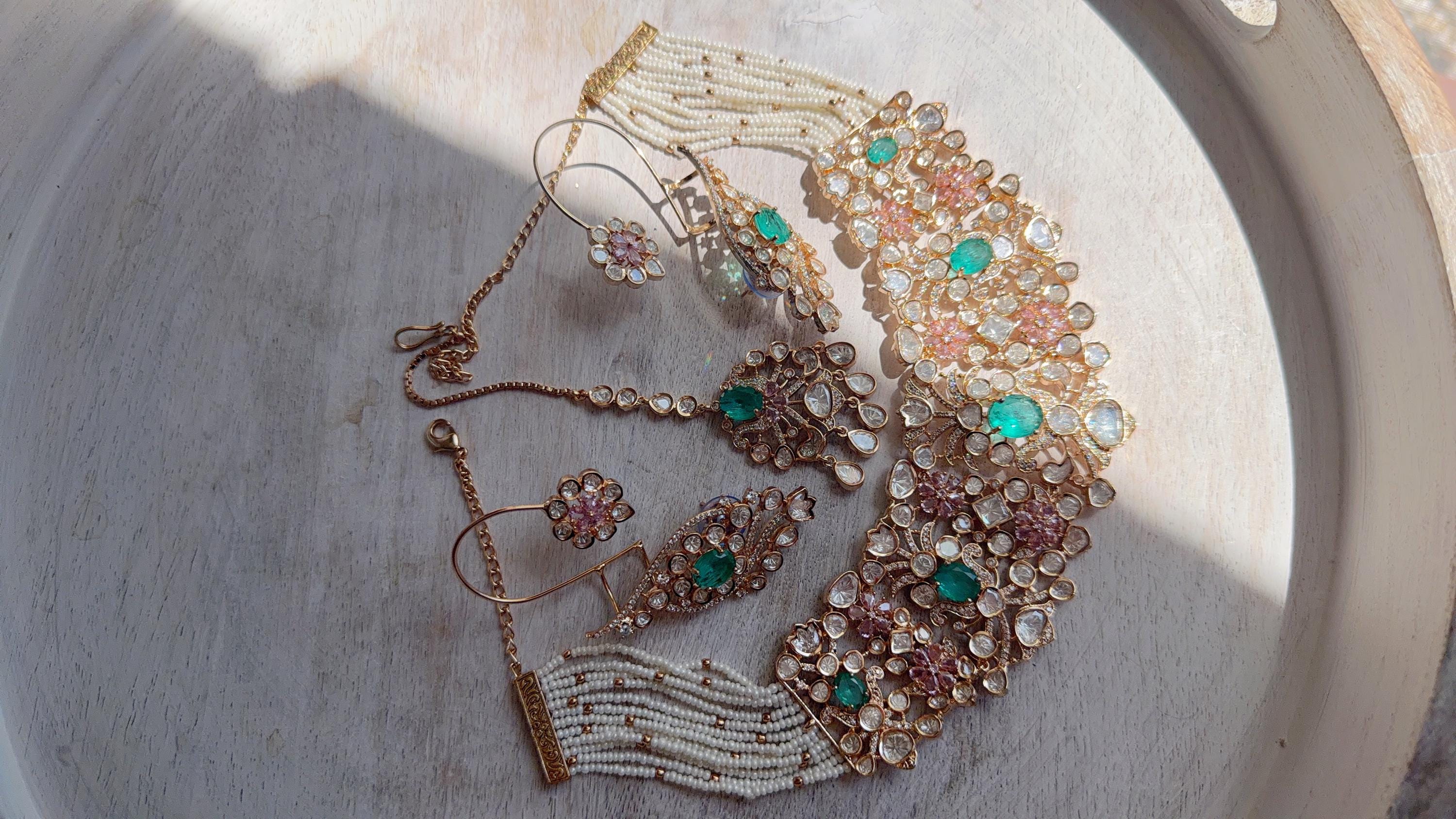 Nupur Sanon Inspired Mint Pink Kundan Choker Necklace Set | Polki Kundan Jewelry with Ear Cuff Earrings & Maang Tikka