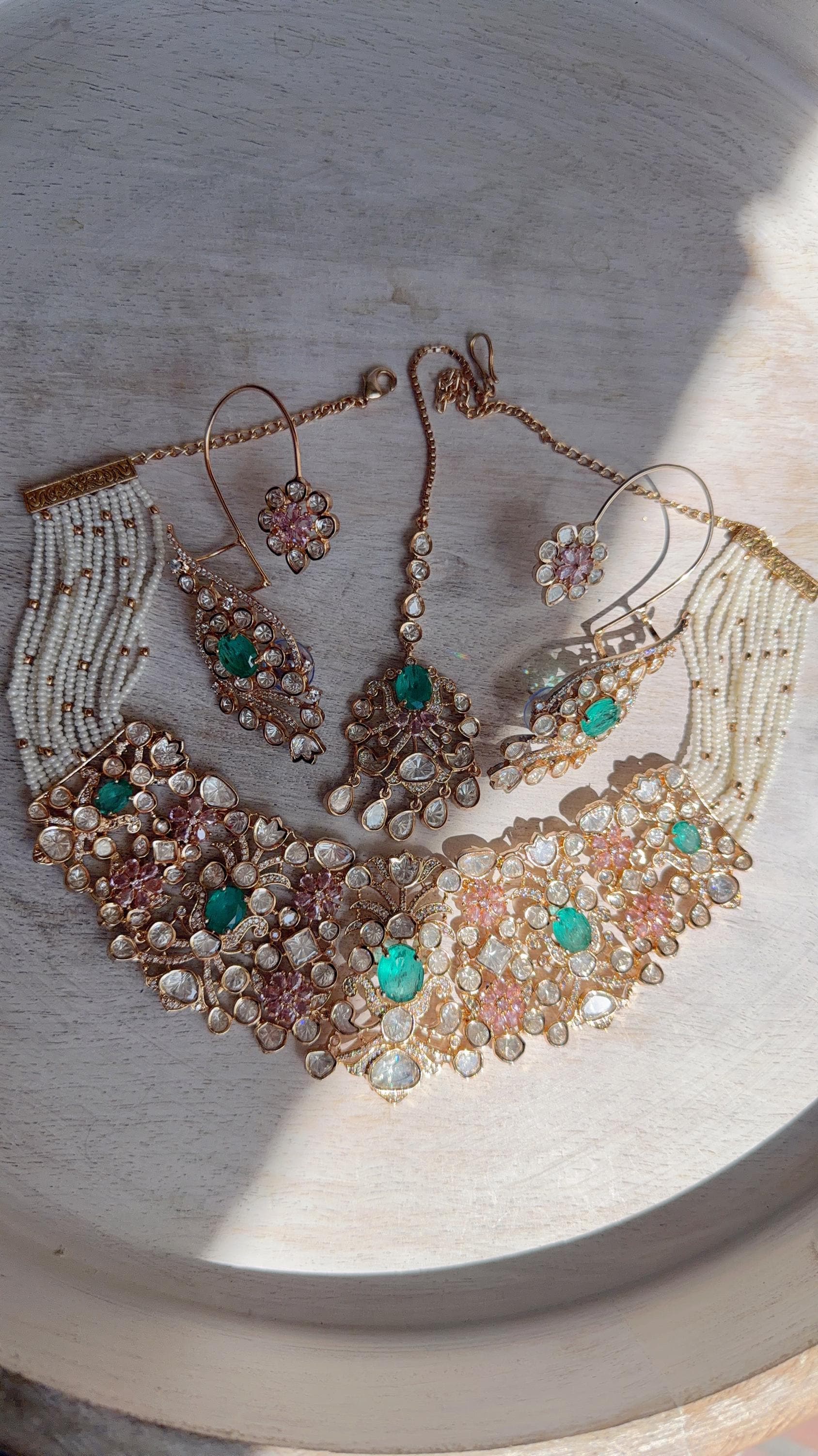 Nupur Sanon Inspired Mint Pink Kundan Choker Necklace Set | Polki Kundan Jewelry with Ear Cuff Earrings & Maang Tikka