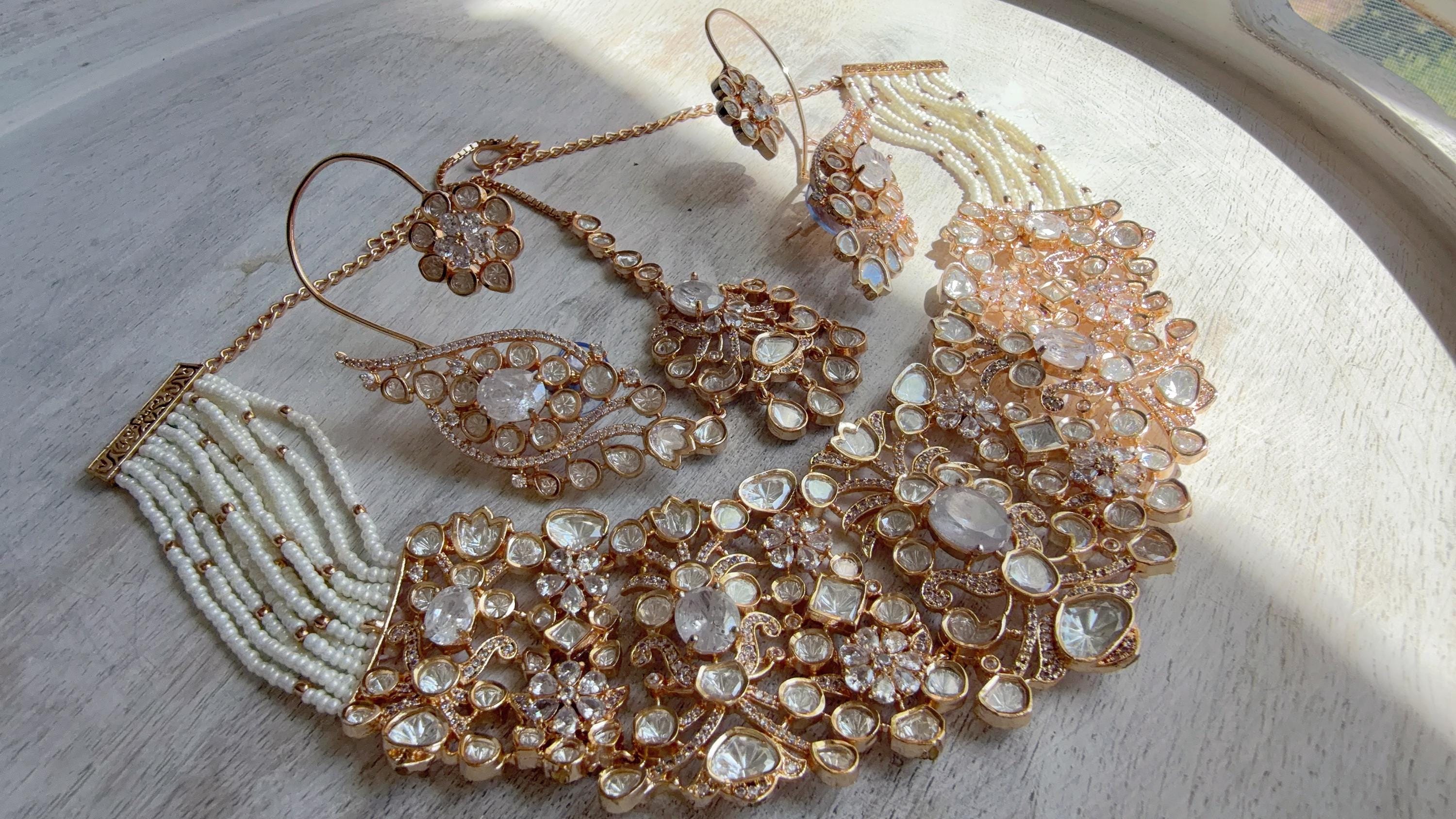 Nupur Sanon Inspired Gold Kundan Choker Necklace Set | Polki Kundan Jewelry with Ear Cuff Earrings & Maang Tikka